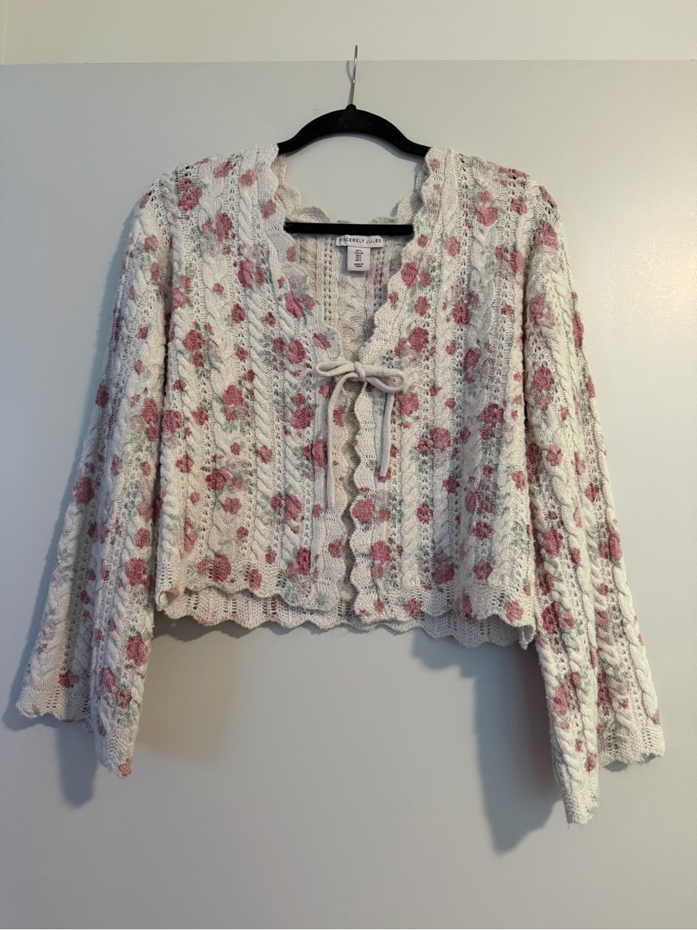 Sincerely Jules Cream Knit Tie-Front Cardigan with Pink Rose Motif